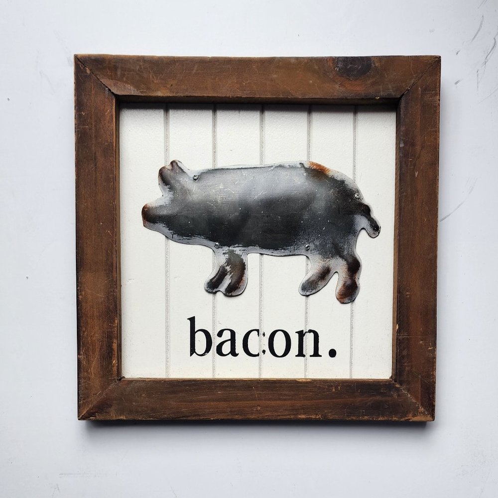 Farmhouse Small Wall Art. Metal and Wood. Pig-Bacon Theme.